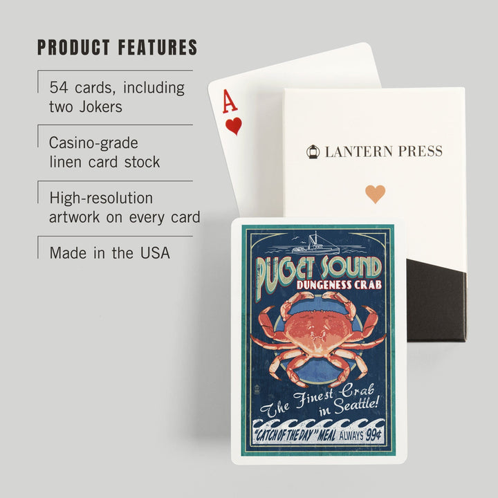 Playing Cards, Seattle, Washington, Dungeness Crab Vintage Sign, 52 Card Deck with Jokers in Box, Unique Art Cards Lantern Press 
