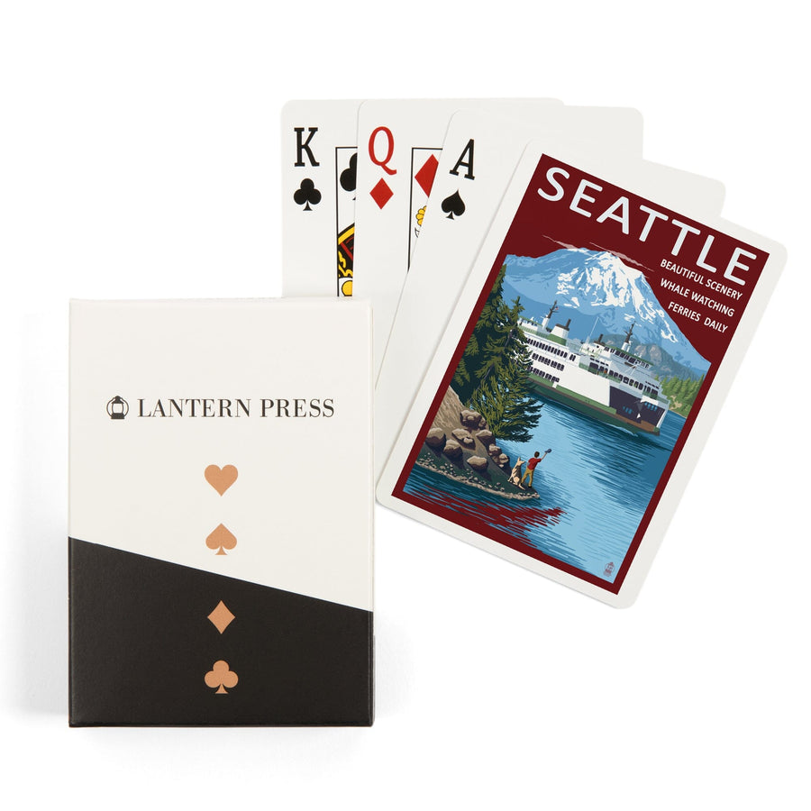 Playing Cards, Seattle, Washington, Ferry and Mount Rainier Scene, 52 Card Deck with Jokers in Box, Unique Art Cards Lantern Press 