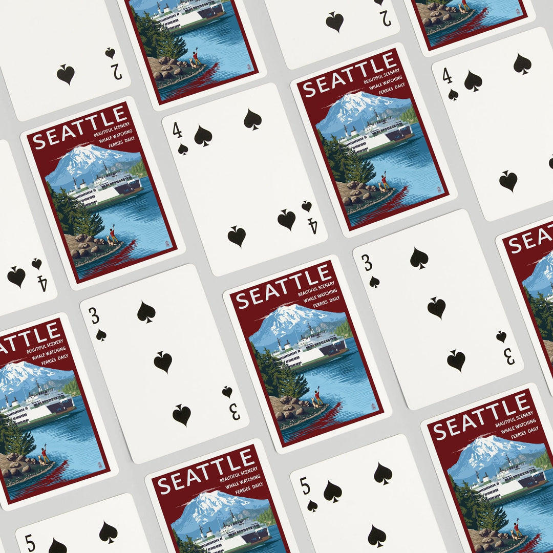Playing Cards, Seattle, Washington, Ferry and Mount Rainier Scene, 52 Card Deck with Jokers in Box, Unique Art Cards Lantern Press 