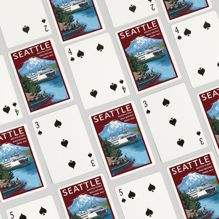 Playing Cards, Seattle, Washington, Ferry and Mount Rainier Scene, 52 Card Deck with Jokers in Box, Unique Art Cards Lantern Press 