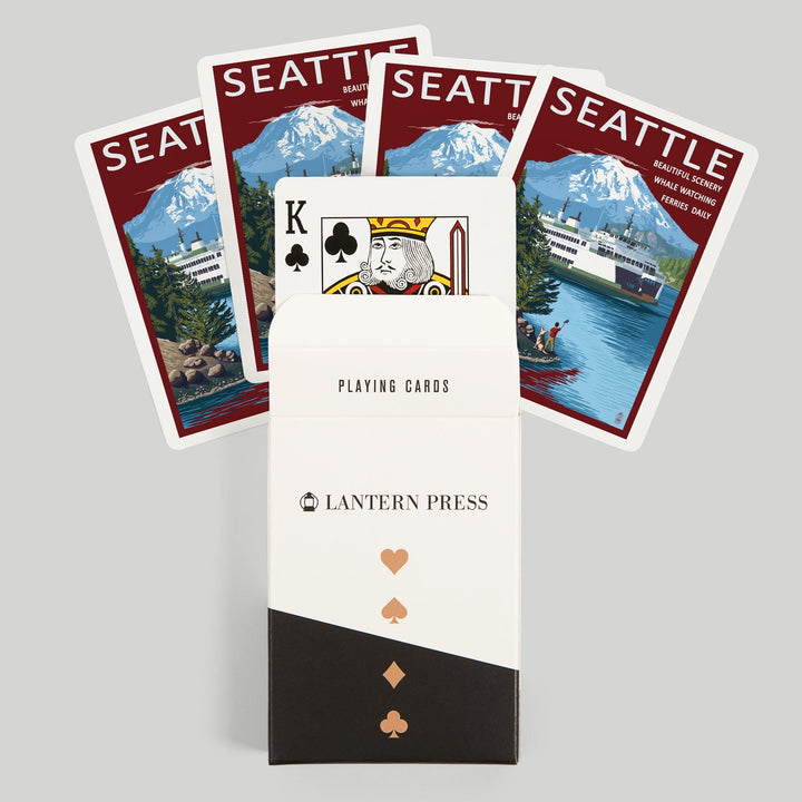 Playing Cards, Seattle, Washington, Ferry and Mount Rainier Scene, 52 Card Deck with Jokers in Box, Unique Art Cards Lantern Press 