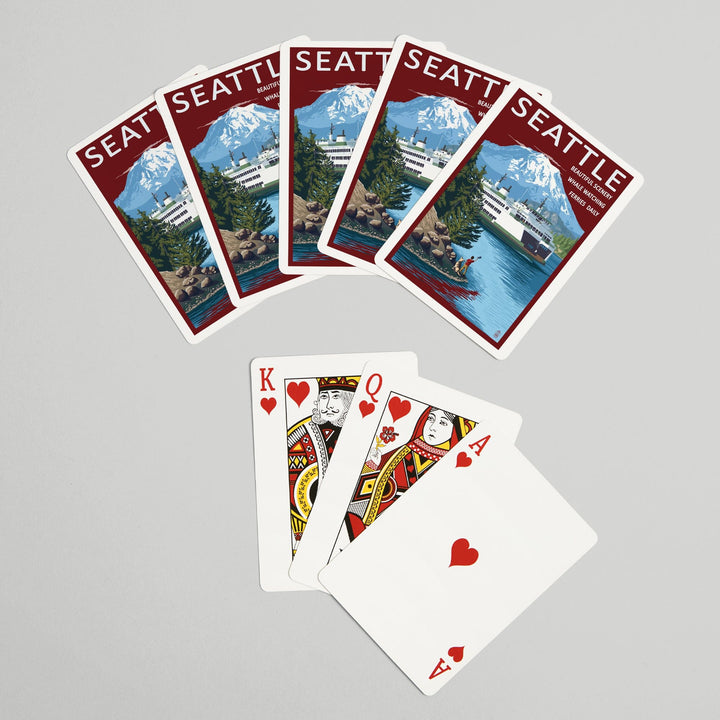 Playing Cards, Seattle, Washington, Ferry and Mount Rainier Scene, 52 Card Deck with Jokers in Box, Unique Art Cards Lantern Press 