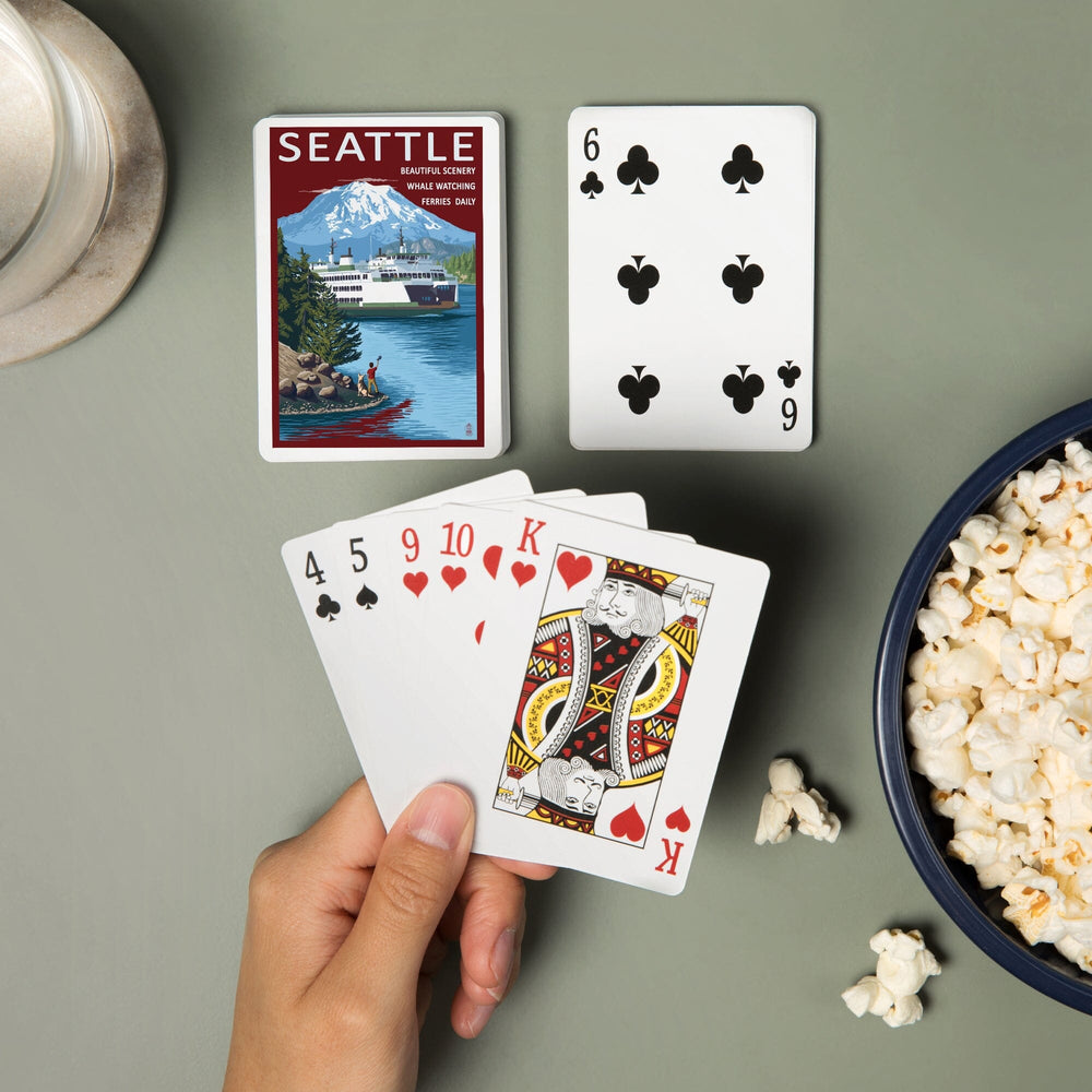 Playing Cards, Seattle, Washington, Ferry and Mount Rainier Scene, 52 Card Deck with Jokers in Box, Unique Art Cards Lantern Press 