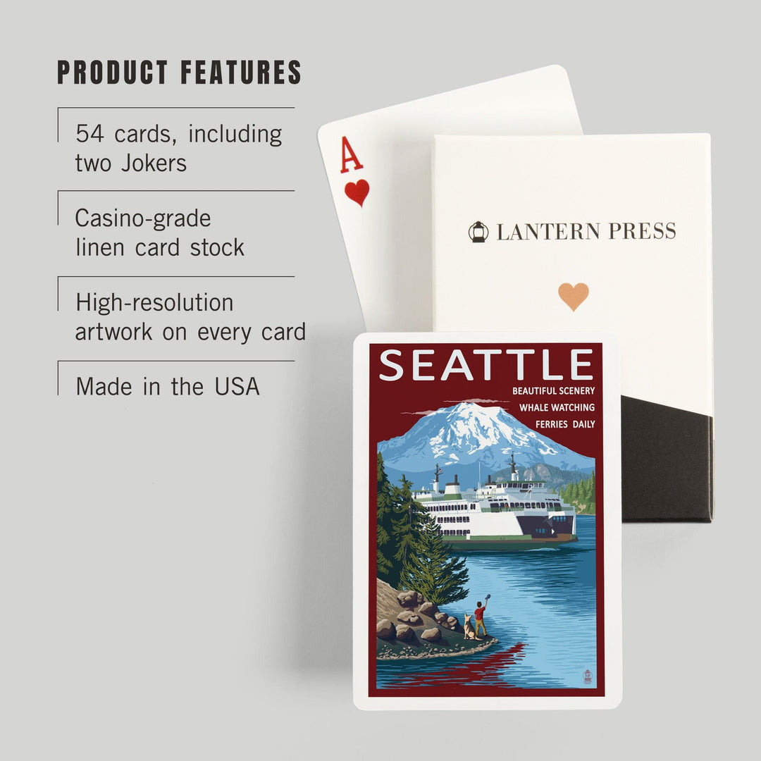 Playing Cards, Seattle, Washington, Ferry and Mount Rainier Scene, 52 Card Deck with Jokers in Box, Unique Art Cards Lantern Press 