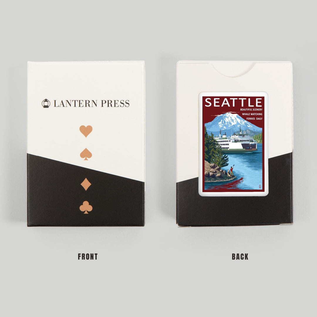 Playing Cards, Seattle, Washington, Ferry and Mount Rainier Scene, 52 Card Deck with Jokers in Box, Unique Art Cards Lantern Press 