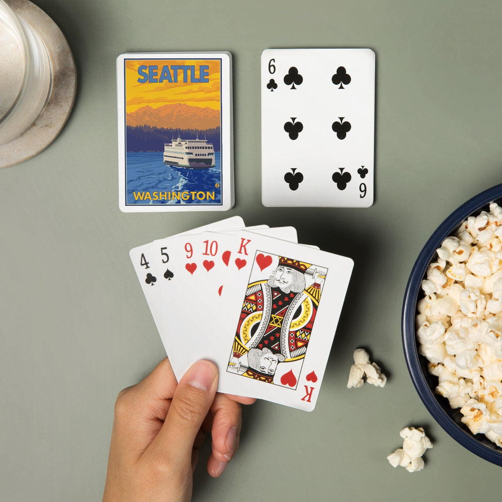 Playing Cards, Seattle, Washington, Ferry and Mountains, 52 Card Deck with Jokers in Box, Unique Art Cards Lantern Press 