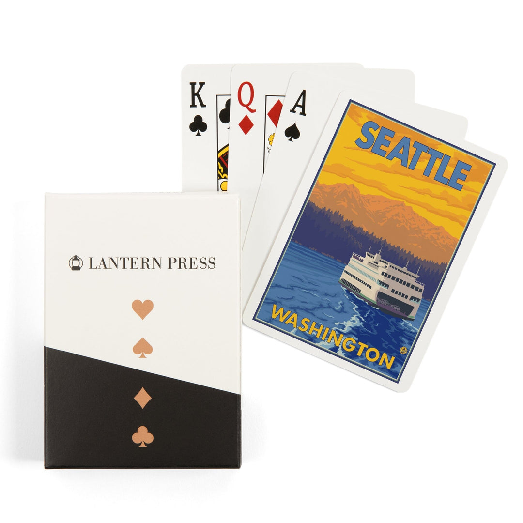 Playing Cards, Seattle, Washington, Ferry and Mountains, 52 Card Deck with Jokers in Box, Unique Art Cards Lantern Press 
