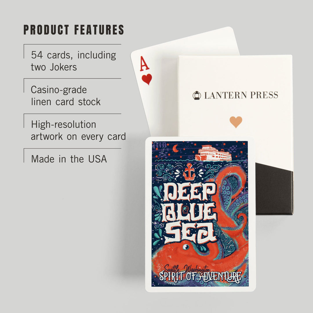 Playing Cards, Seattle, Washington, Giant Octopus, Deep Blue Sea, Spirit Of Adventure, 52 Card Deck with Jokers in Box, Unique Art Cards Lantern Press 
