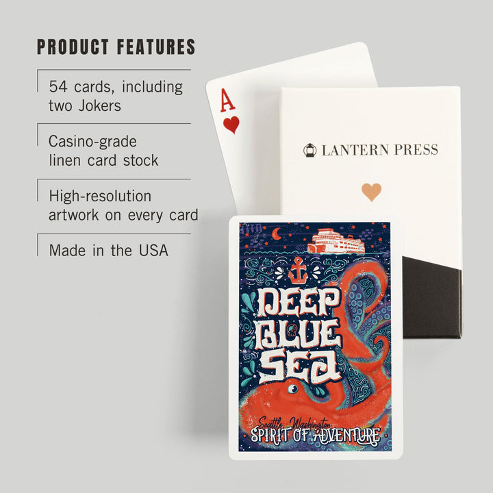 Playing Cards, Seattle, Washington, Giant Octopus, Deep Blue Sea, Spirit Of Adventure, 52 Card Deck with Jokers in Box, Unique Art Cards Lantern Press 