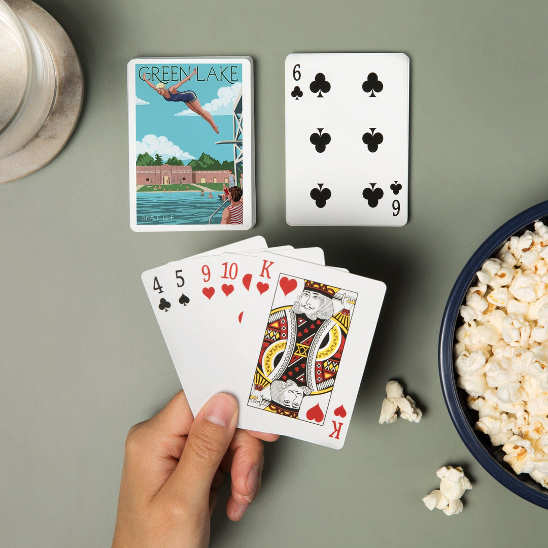 Playing Cards, Seattle, Washington, Green Lake Woman Diving, 52 Card Deck with Jokers in Box, Unique Art Cards Lantern Press 