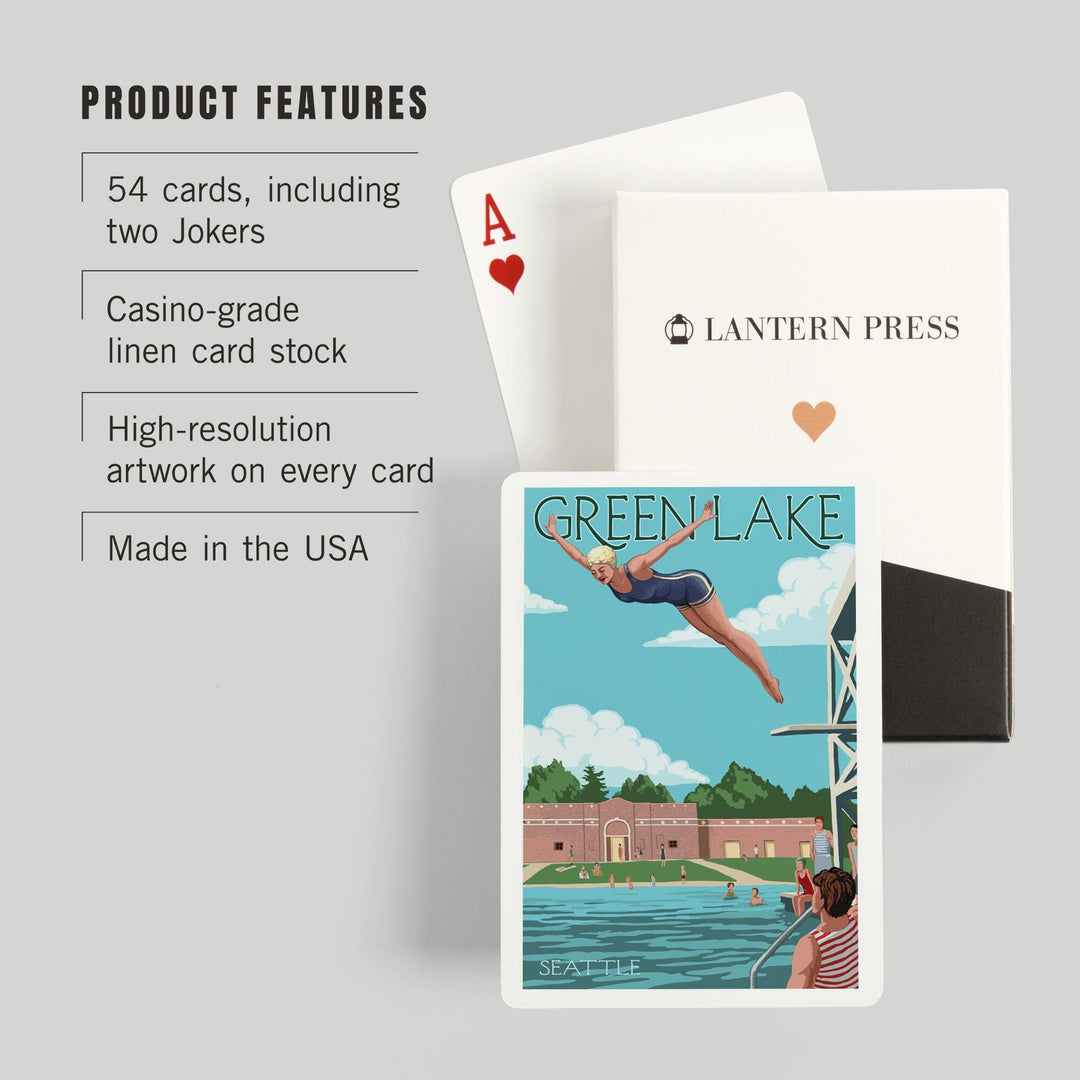 Playing Cards, Seattle, Washington, Green Lake Woman Diving, 52 Card Deck with Jokers in Box, Unique Art Cards Lantern Press 