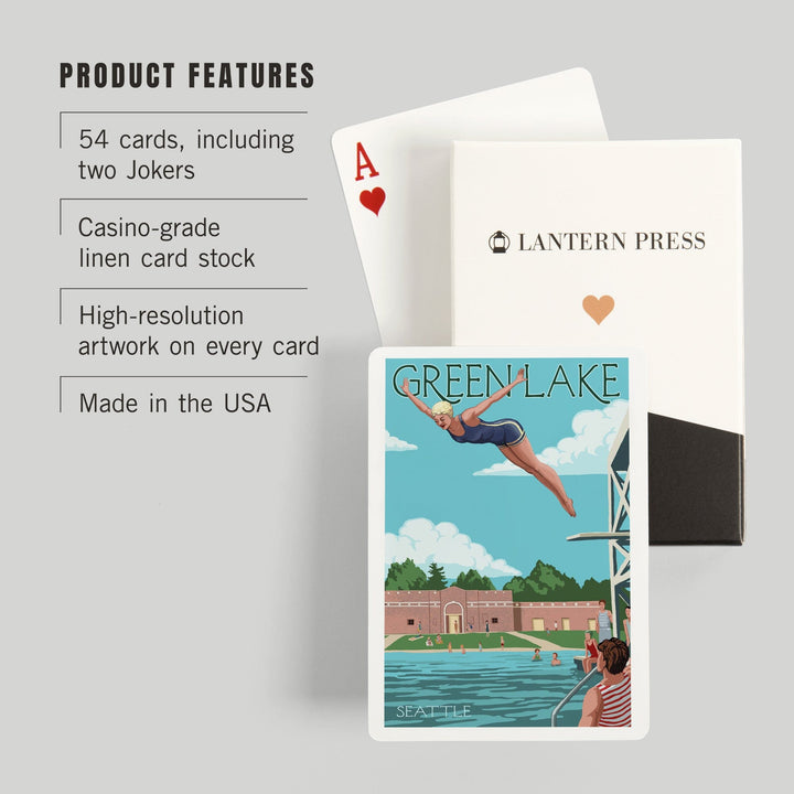 Playing Cards, Seattle, Washington, Green Lake Woman Diving, 52 Card Deck with Jokers in Box, Unique Art Cards Lantern Press 