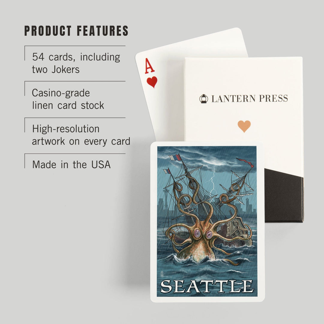 Playing Cards, Seattle, Washington, Kraken Attacking Ship, 52 Card Deck with Jokers in Box, Unique Art Cards Lantern Press 