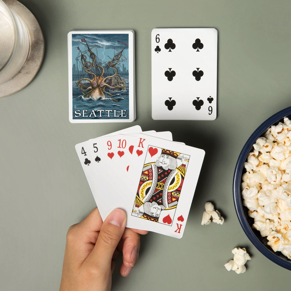 Playing Cards, Seattle, Washington, Kraken Attacking Ship, 52 Card Deck with Jokers in Box, Unique Art Cards Lantern Press 