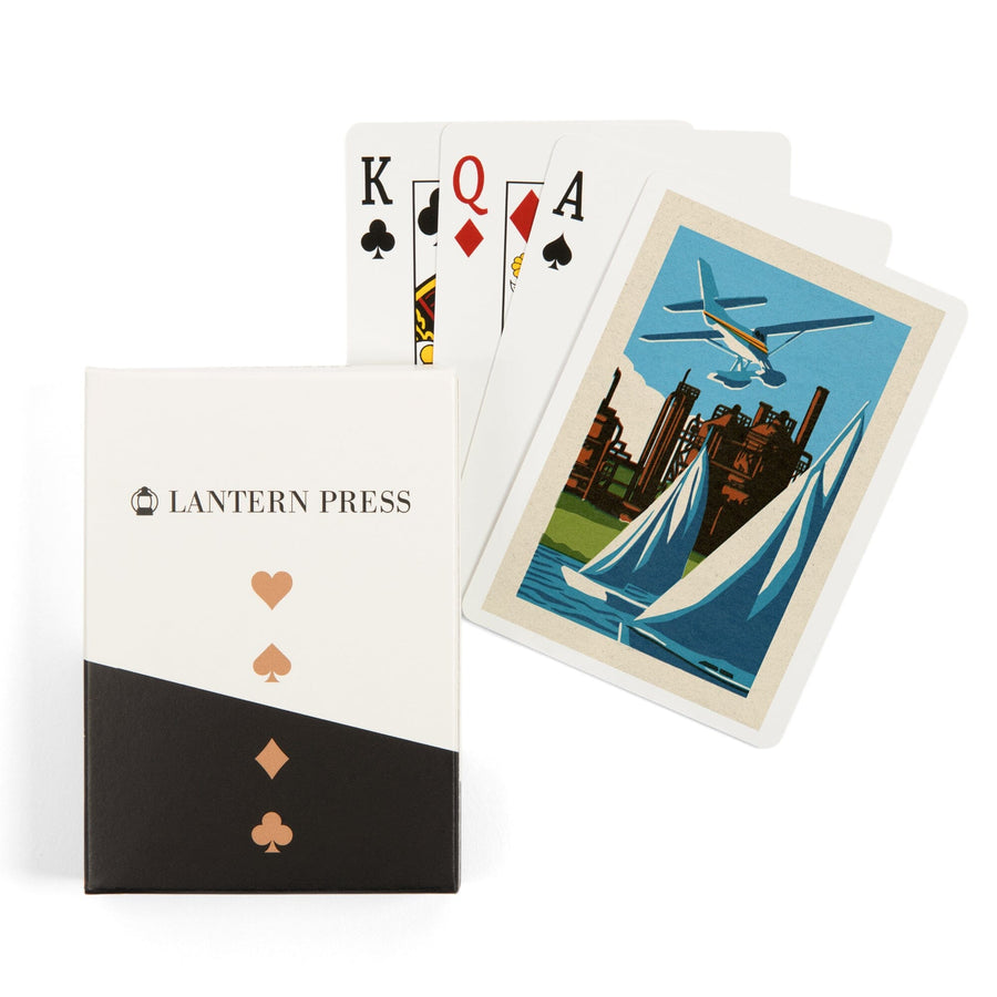Playing Cards, Seattle, Washington, Lake Union, Woodblock, 52 Card Deck with Jokers in Box, Unique Art Cards Lantern Press 