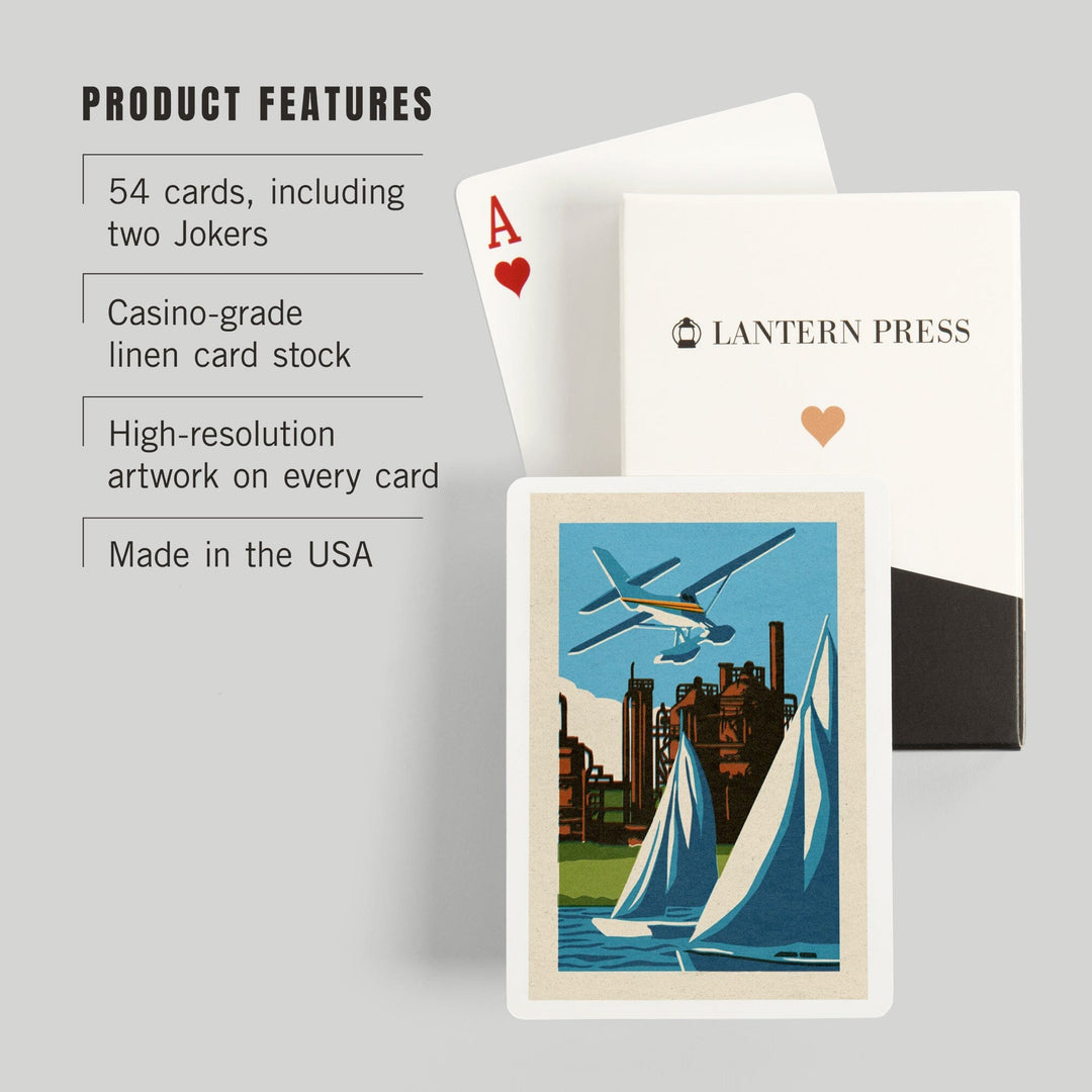 Playing Cards, Seattle, Washington, Lake Union, Woodblock, 52 Card Deck with Jokers in Box, Unique Art Cards Lantern Press 