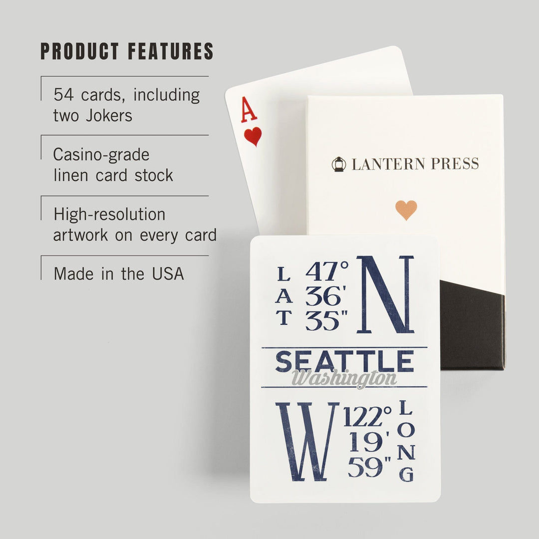 Playing Cards, Seattle, Washington, Latitude and Longitude (Blue), 52 Card Deck with Jokers in Box, Unique Art Cards Lantern Press 