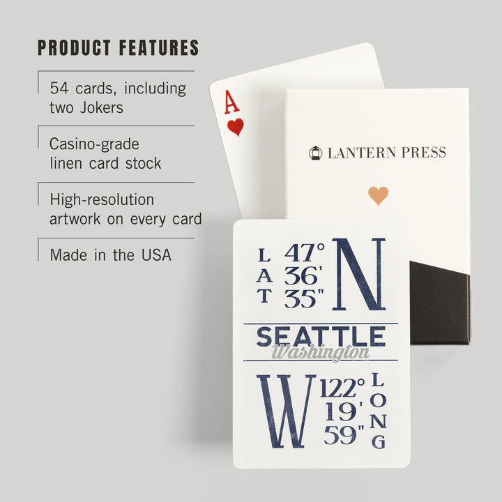 Playing Cards, Seattle, Washington, Latitude and Longitude (Blue), 52 Card Deck with Jokers in Box, Unique Art Cards Lantern Press 