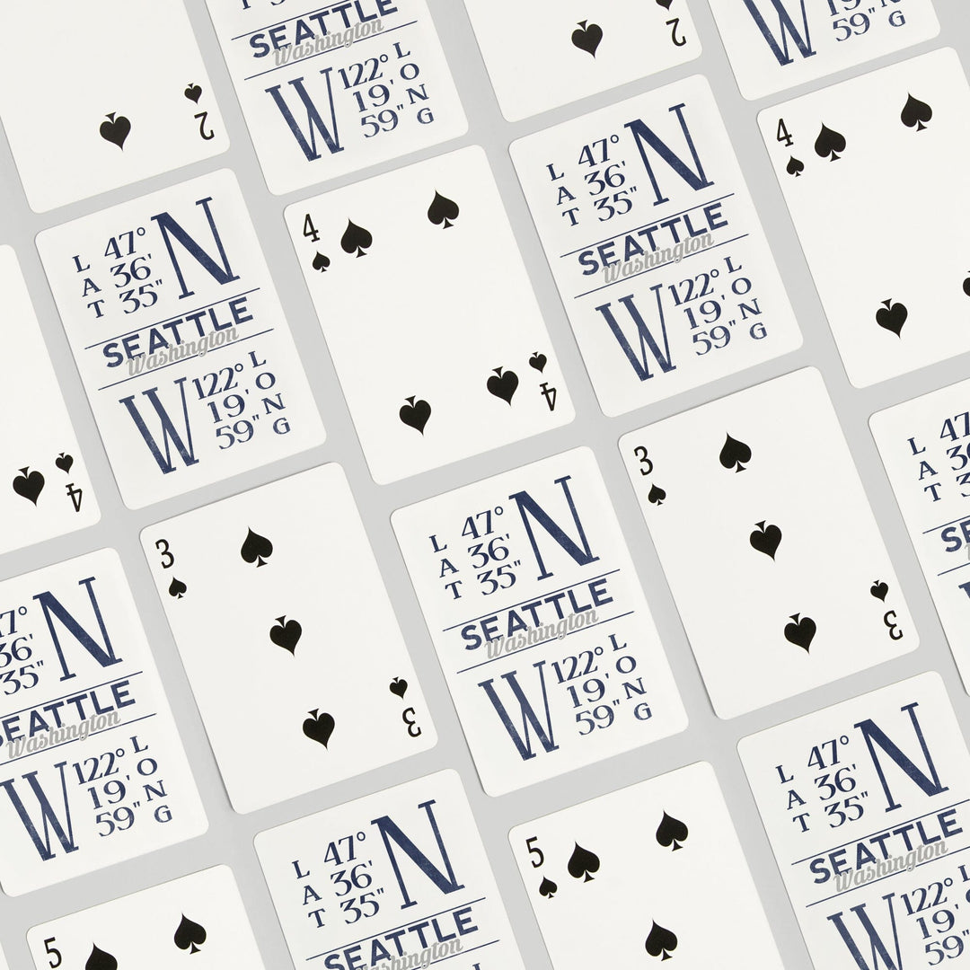 Playing Cards, Seattle, Washington, Latitude and Longitude (Blue), 52 Card Deck with Jokers in Box, Unique Art Cards Lantern Press 