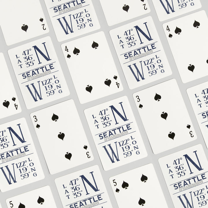 Playing Cards, Seattle, Washington, Latitude and Longitude (Blue), 52 Card Deck with Jokers in Box, Unique Art Cards Lantern Press 