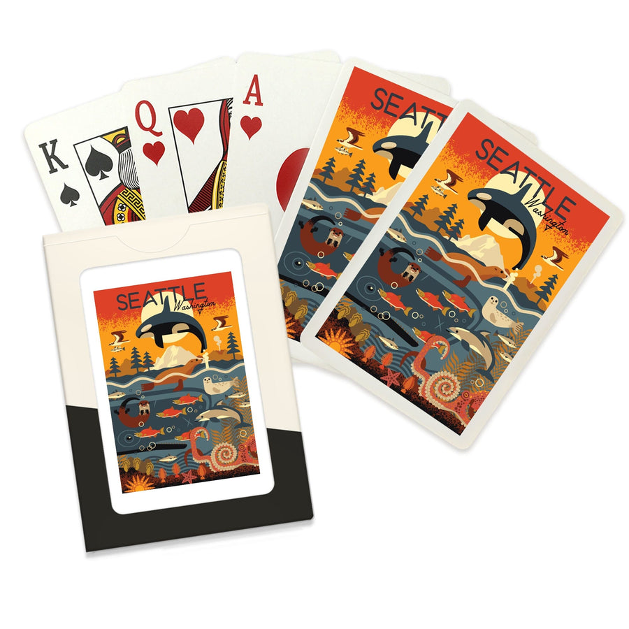 Playing Cards, Seattle, Washington, Marine Animals, Geometric, 52 Card Deck with Jokers in Box, Unique Art Cards Lantern Press 