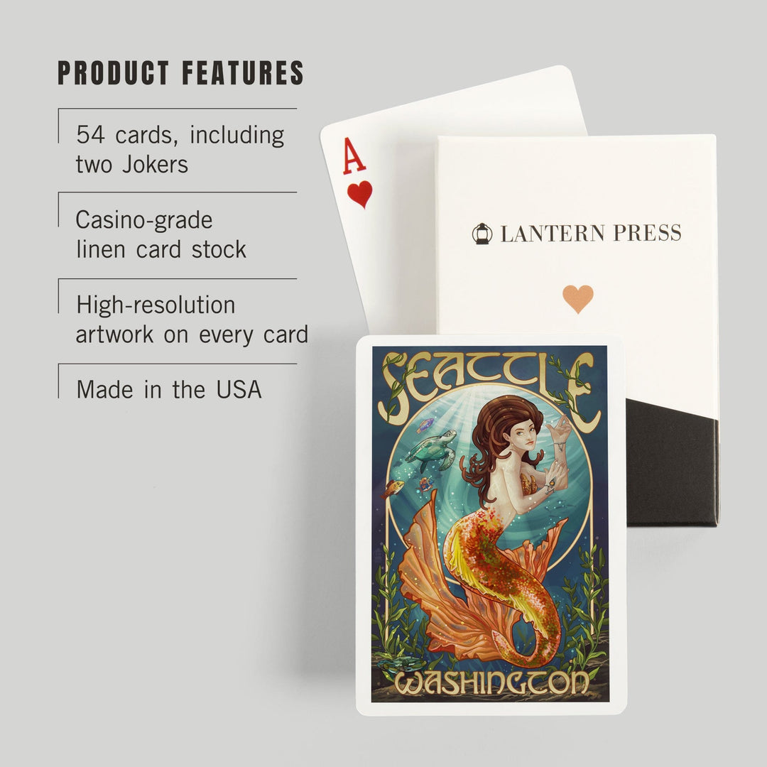 Playing Cards, Seattle, Washington, Mermaid Scene, 52 Card Deck with Jokers in Box, Unique Art Cards Lantern Press 