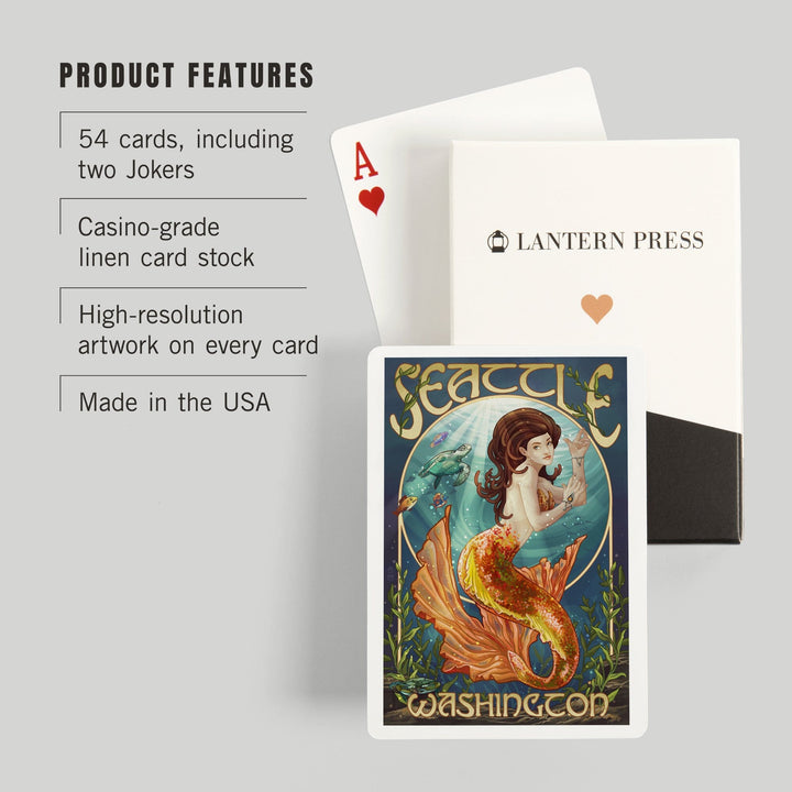 Playing Cards, Seattle, Washington, Mermaid Scene, 52 Card Deck with Jokers in Box, Unique Art Cards Lantern Press 
