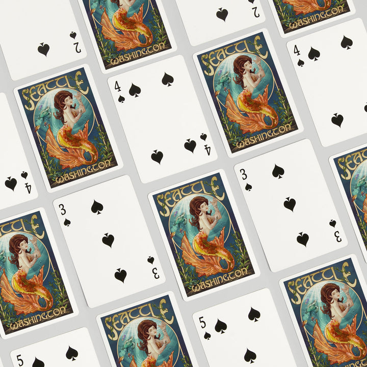 Playing Cards, Seattle, Washington, Mermaid Scene, 52 Card Deck with Jokers in Box, Unique Art Cards Lantern Press 