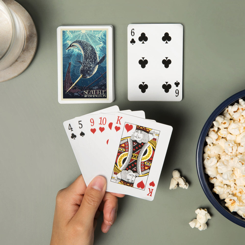Playing Cards, Seattle, Washington, Narwhal Letterpress, 52 Card Deck with Jokers in Box, Unique Art Cards Lantern Press 