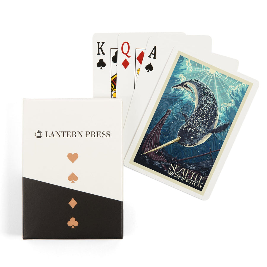 Playing Cards, Seattle, Washington, Narwhal Letterpress, 52 Card Deck with Jokers in Box, Unique Art Cards Lantern Press 