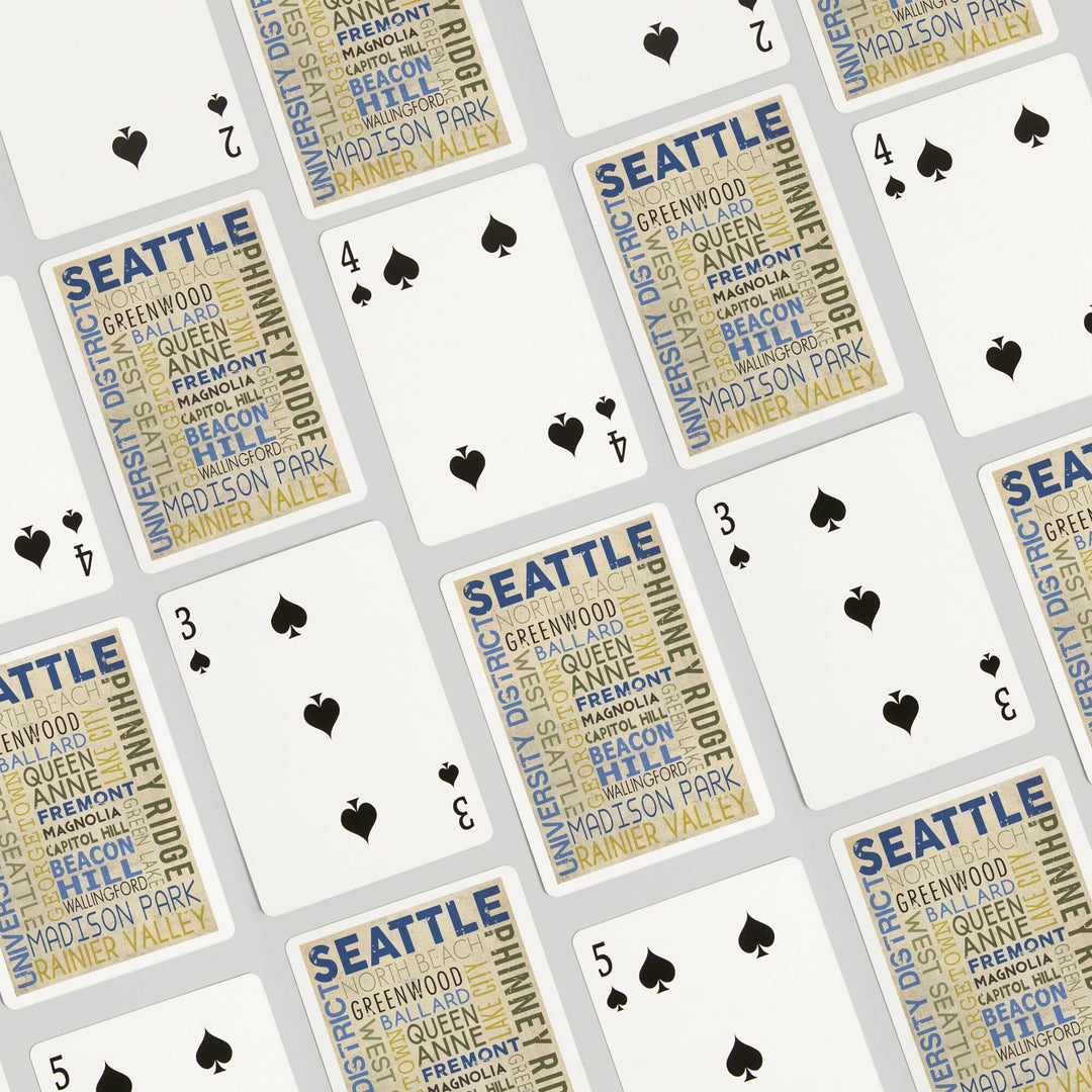 Playing Cards, Seattle, Washington, Neighborhoods Typography, 52 Card Deck with Jokers in Box, Unique Art Cards Lantern Press 