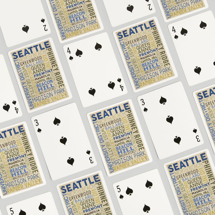 Playing Cards, Seattle, Washington, Neighborhoods Typography, 52 Card Deck with Jokers in Box, Unique Art Cards Lantern Press 