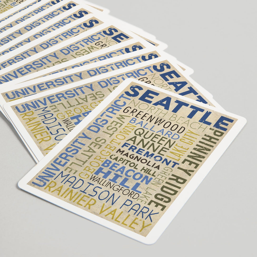 Playing Cards, Seattle, Washington, Neighborhoods Typography, 52 Card Deck with Jokers in Box, Unique Art Cards Lantern Press 
