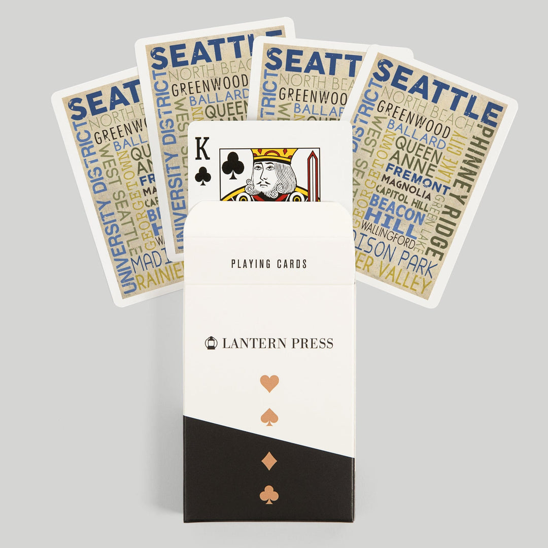 Playing Cards, Seattle, Washington, Neighborhoods Typography, 52 Card Deck with Jokers in Box, Unique Art Cards Lantern Press 