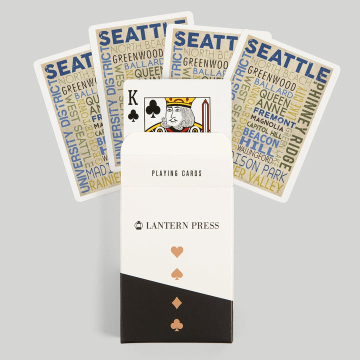 Playing Cards, Seattle, Washington, Neighborhoods Typography, 52 Card Deck with Jokers in Box, Unique Art Cards Lantern Press 