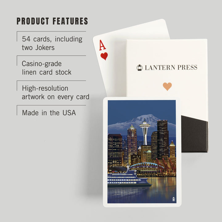 Playing Cards, Seattle, Washington, Night Skyline, Image Only, 52 Card Deck with Jokers in Box, Unique Art Cards Lantern Press 