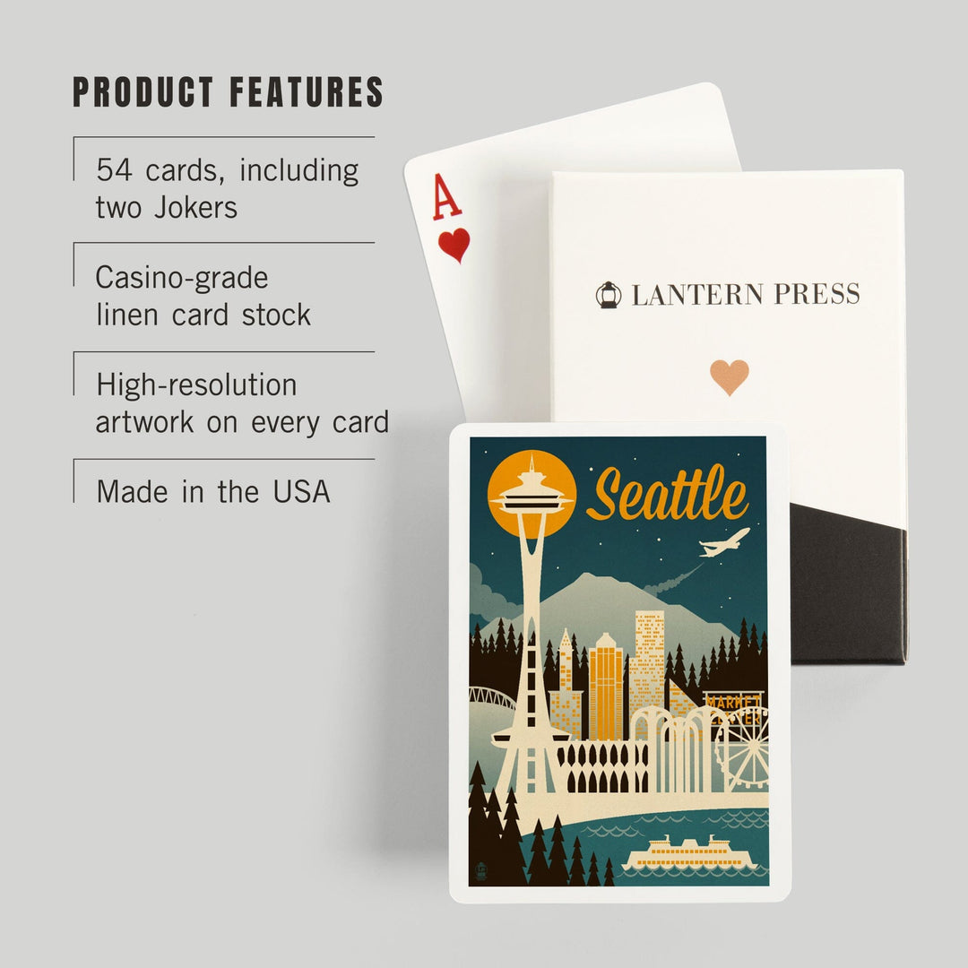 Playing Cards, Seattle, Washington, Retro Skyline, 52 Card Deck with Jokers in Box, Unique Art Cards Lantern Press 