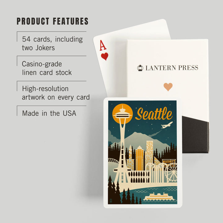 Playing Cards, Seattle, Washington, Retro Skyline, 52 Card Deck with Jokers in Box, Unique Art Cards Lantern Press 