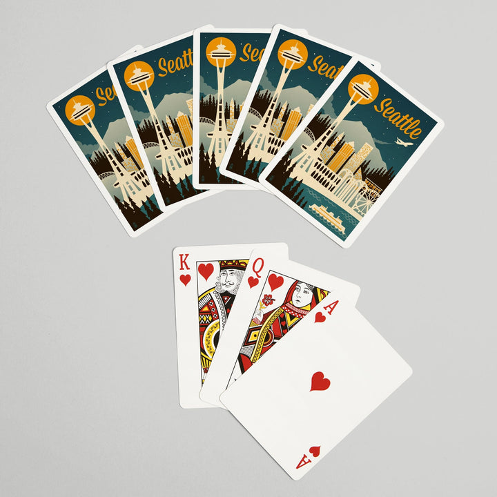 Playing Cards, Seattle, Washington, Retro Skyline, 52 Card Deck with Jokers in Box, Unique Art Cards Lantern Press 