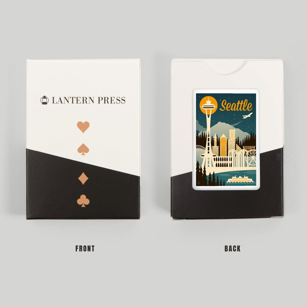 Playing Cards, Seattle, Washington, Retro Skyline, 52 Card Deck with Jokers in Box, Unique Art Cards Lantern Press 