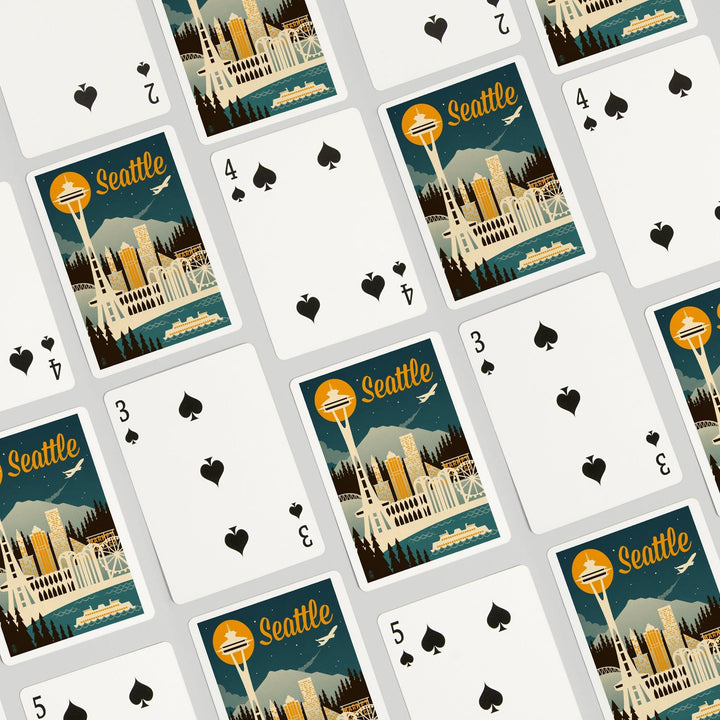 Playing Cards, Seattle, Washington, Retro Skyline, 52 Card Deck with Jokers in Box, Unique Art Cards Lantern Press 