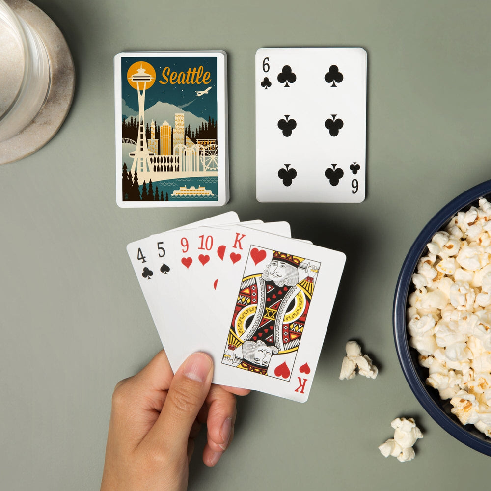 Playing Cards, Seattle, Washington, Retro Skyline, 52 Card Deck with Jokers in Box, Unique Art Cards Lantern Press 