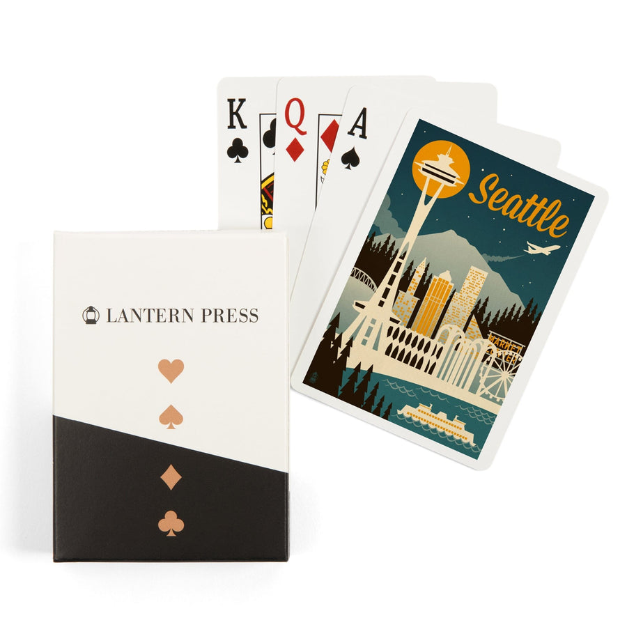 Playing Cards, Seattle, Washington, Retro Skyline, 52 Card Deck with Jokers in Box, Unique Art Cards Lantern Press 