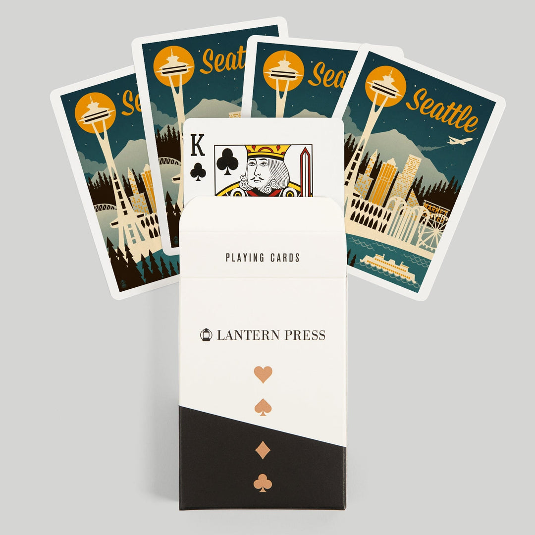Playing Cards, Seattle, Washington, Retro Skyline, 52 Card Deck with Jokers in Box, Unique Art Cards Lantern Press 