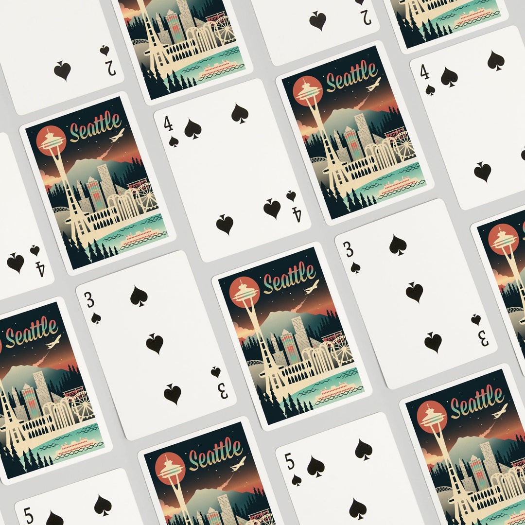 Playing Cards, Seattle, Washington, Retro Skyline Chromatic Series, 52 Card Deck with Jokers in Box, Unique Art Cards Lantern Press 