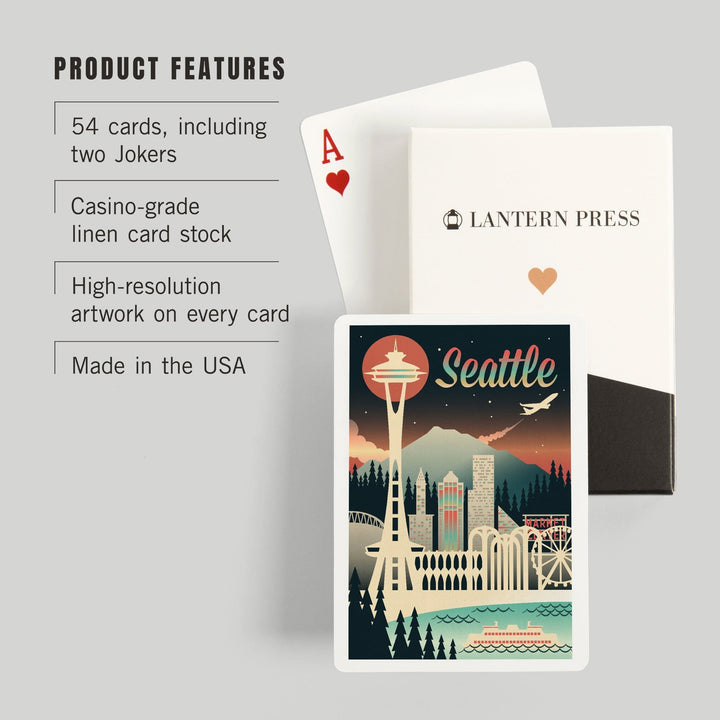 Playing Cards, Seattle, Washington, Retro Skyline Chromatic Series, 52 Card Deck with Jokers in Box, Unique Art Cards Lantern Press 
