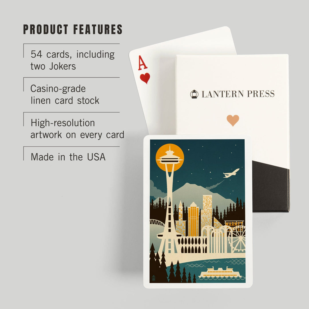 Playing Cards, Seattle, Washington, Retro Skyline (no text), 52 Card Deck with Jokers in Box, Unique Art Cards Lantern Press 