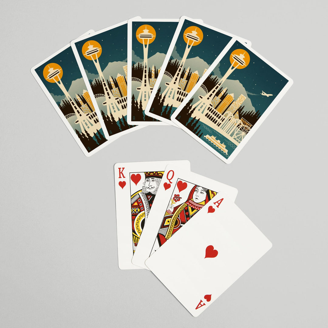 Playing Cards, Seattle, Washington, Retro Skyline (no text), 52 Card Deck with Jokers in Box, Unique Art Cards Lantern Press 