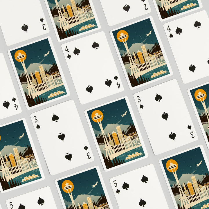 Playing Cards, Seattle, Washington, Retro Skyline (no text), 52 Card Deck with Jokers in Box, Unique Art Cards Lantern Press 