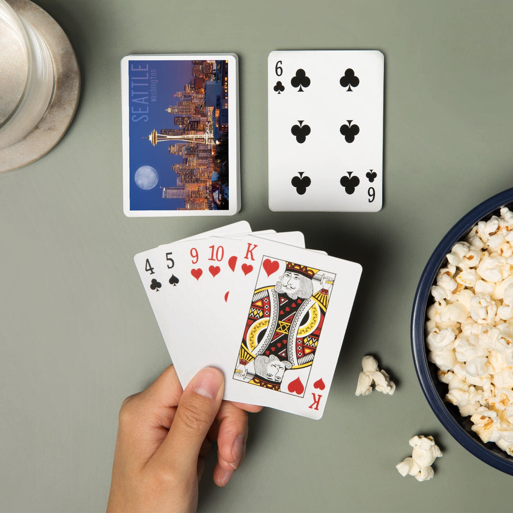 Playing Cards, Seattle, Washington, Skyline and Full Moon, 52 Card Deck with Jokers in Box, Unique Art Cards Lantern Press 